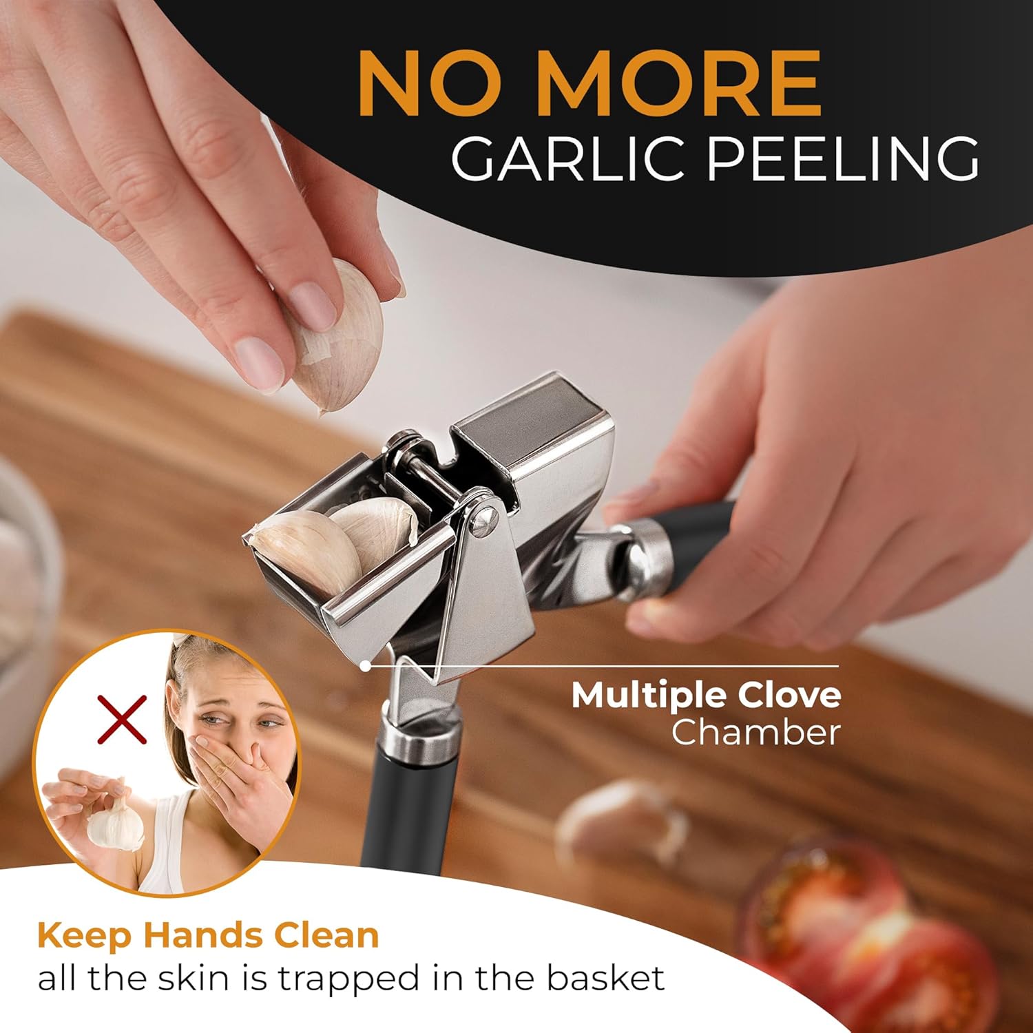 ORBLUE Garlic Press Stainless Steel - Premium Professional Grade Garlic Mincer, Crusher & Peeler Set - Easy Clean, Dishwasher Safe & Rust-proof, Black