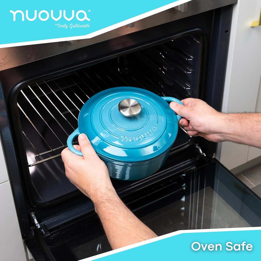 Cast Iron Pot with Lid – Non-Stick Ovenproof Enamelled Casserole Pot, Oven Safe up to 500° F – Sturdy Dutch Oven Cookware – Blue, 5-Quart, 24cm – by Nuovva