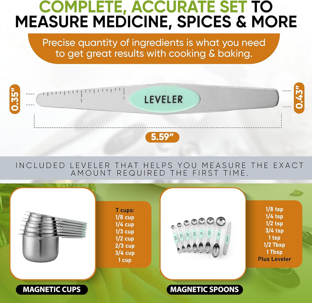 Spring Chef Magnetic Measuring Cups & Spoons Set (Patent Pending), Strong N45 Magnets, Heavy Duty Stainless Steel Fits in Spice Jars for Baking & Cooking, BPA Free, Round Set of 15 with Leveler, Mint