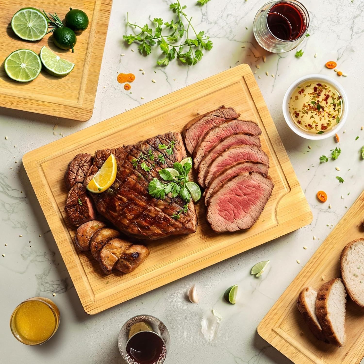 Bamboo Cutting Board Set 3 Piece Large Wood Chopping Boards With Juice Grooves for Meat Vegetables Fruits & Charcuterie Durable Kitchen Serving Boards