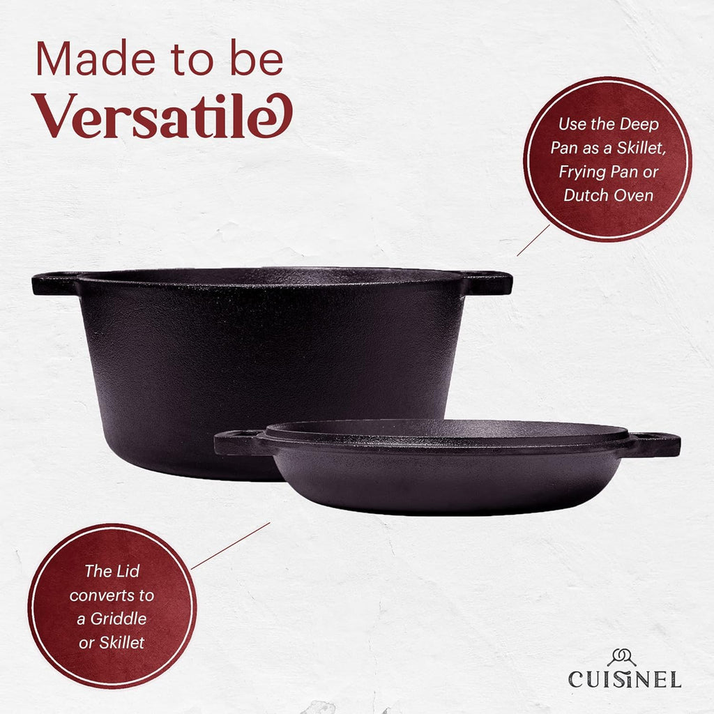 Cast Iron Double Dutch Oven - Pre-Seasoned 5-Quart Set – 2-in-1 Multi-Cooker: 5-Qt Deep Pot + 10" Skillet - Frying Pan Converts to Lid of Combo Dutch Oven – Grill, Stove Top, BBQ and Induction Use