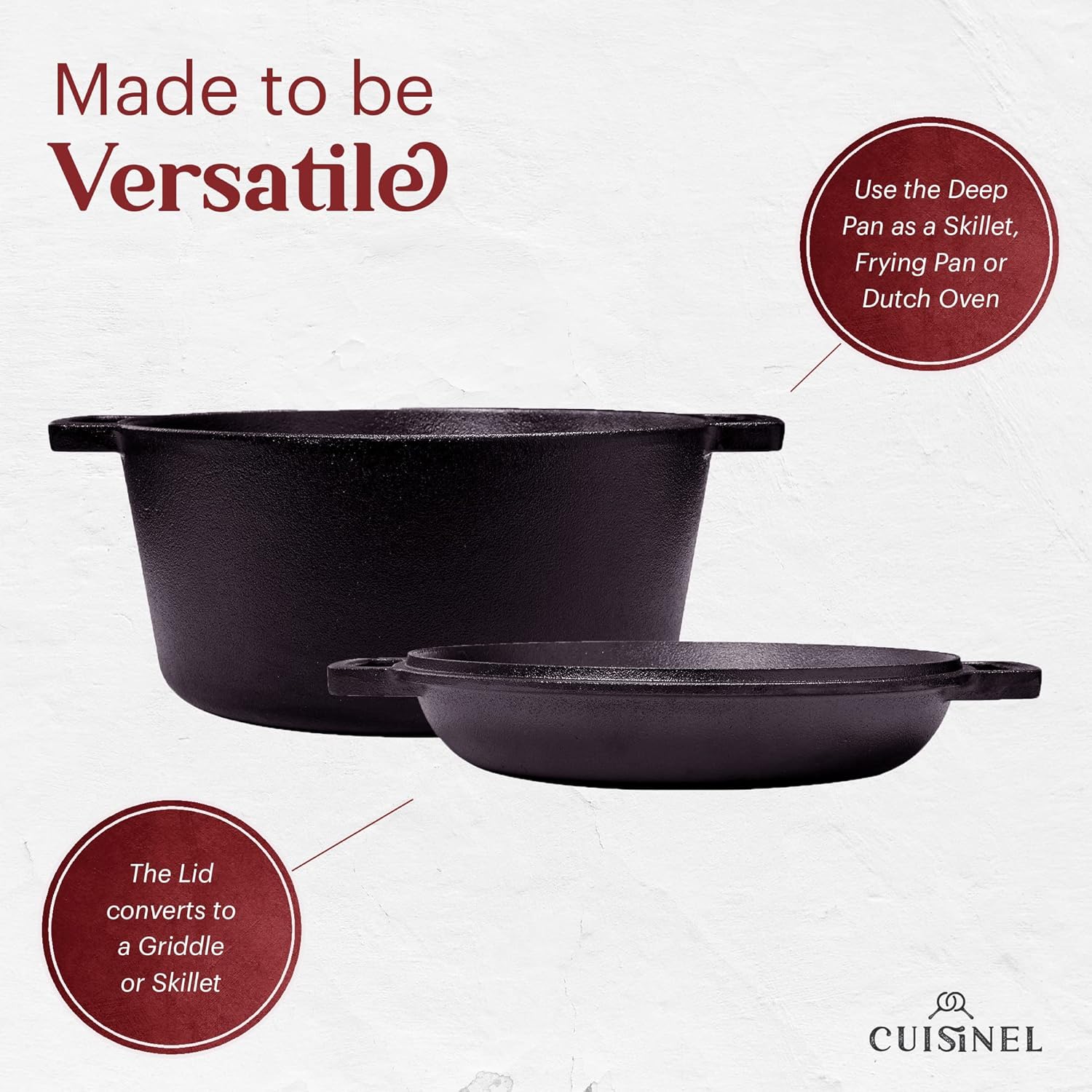 Cast Iron Double Dutch Oven - Pre-Seasoned 5-Quart Set – 2-in-1 Multi-Cooker: 5-Qt Deep Pot + 10" Skillet - Frying Pan Converts to Lid of Combo Dutch Oven – Grill, Stove Top, BBQ and Induction Use