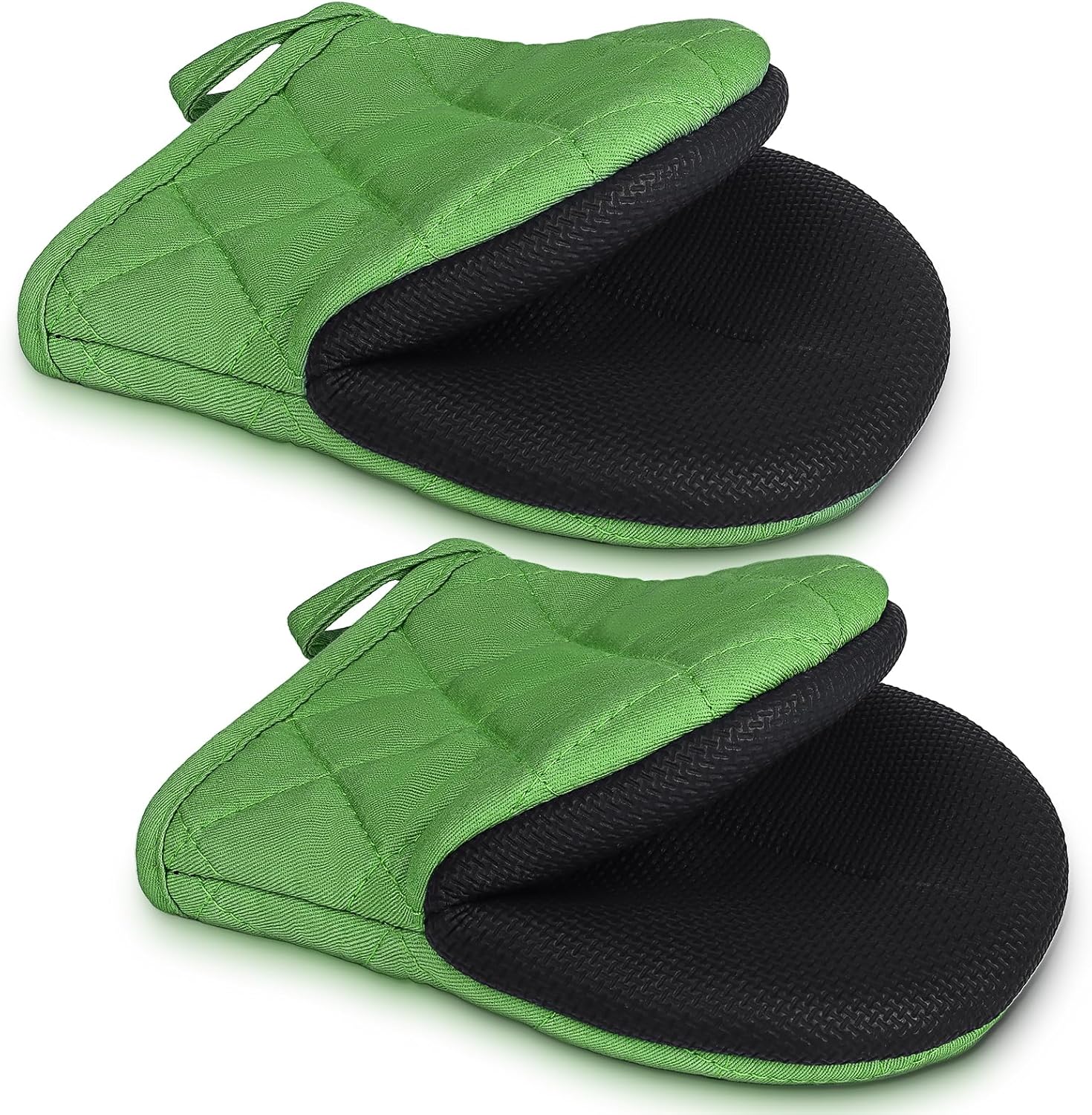 1 Pair Short Oven Mitts - Silicone Kitchen Oven Gloves High Heat Resistant 500℉, Mini Oven Mits with Non-Slip Grip Surfaces and Hanging Loop for BBQ, Baking, Cooking and Grilling (Green)