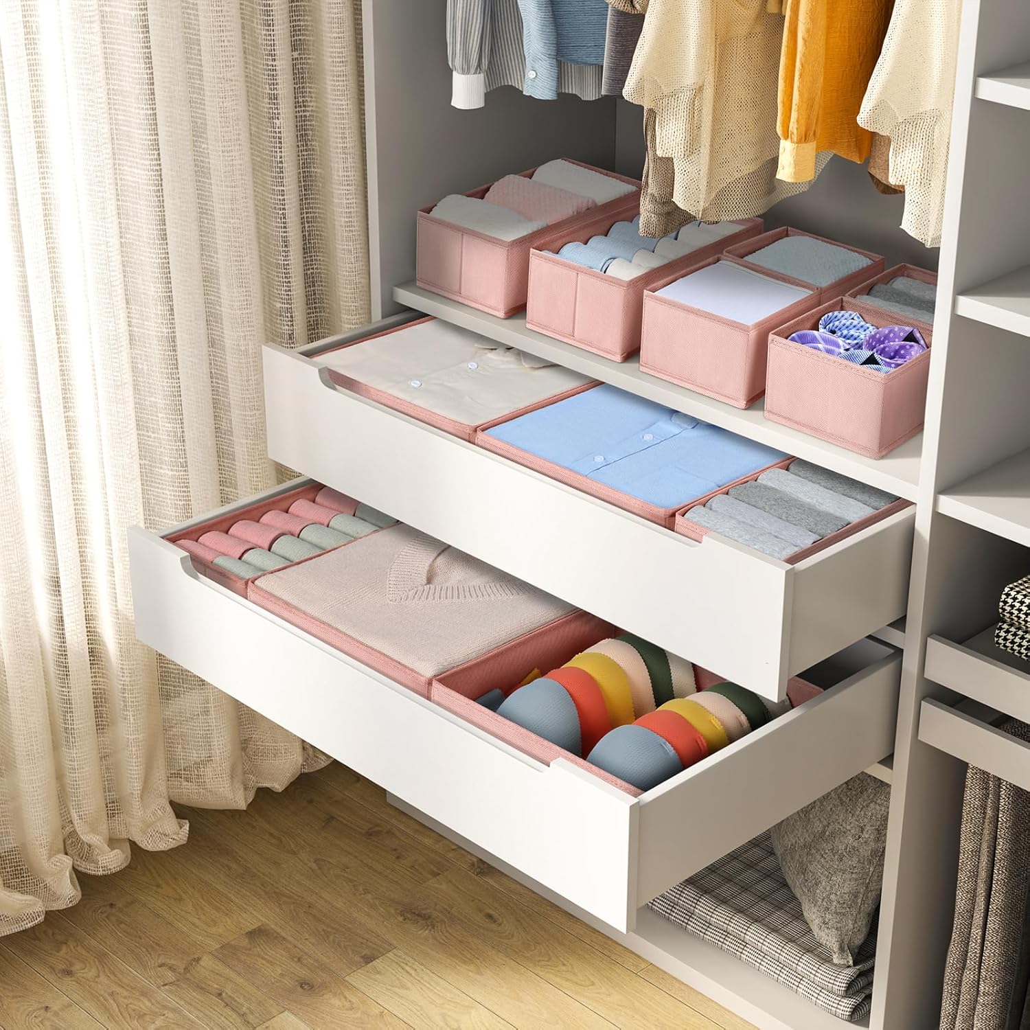 DIMJ Fabric Drawer Organizer Bins - 12 Pack Foldable Sock & Clothes Organizer - Pink