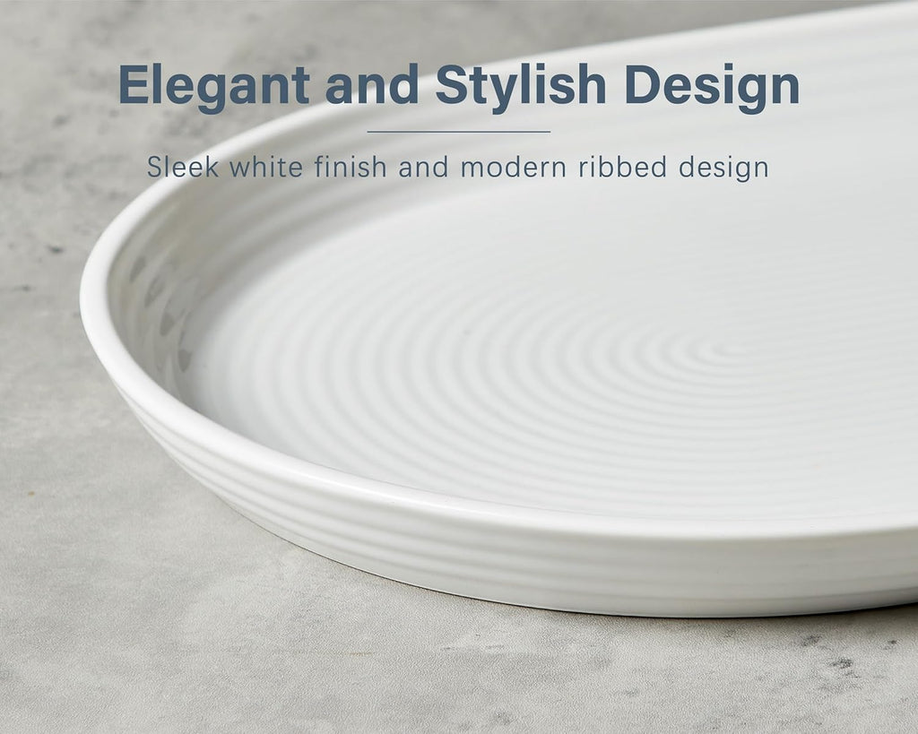 ONEMORE 16 Inch Ceramic Serving Plates for Entertaining, Set of 2 Large Oval Dinner Plates- Dishwasher Oven Safe Serving Tray for Food Meat Fish Parties- Porcelain Thanksgiving Turkey Platters - White