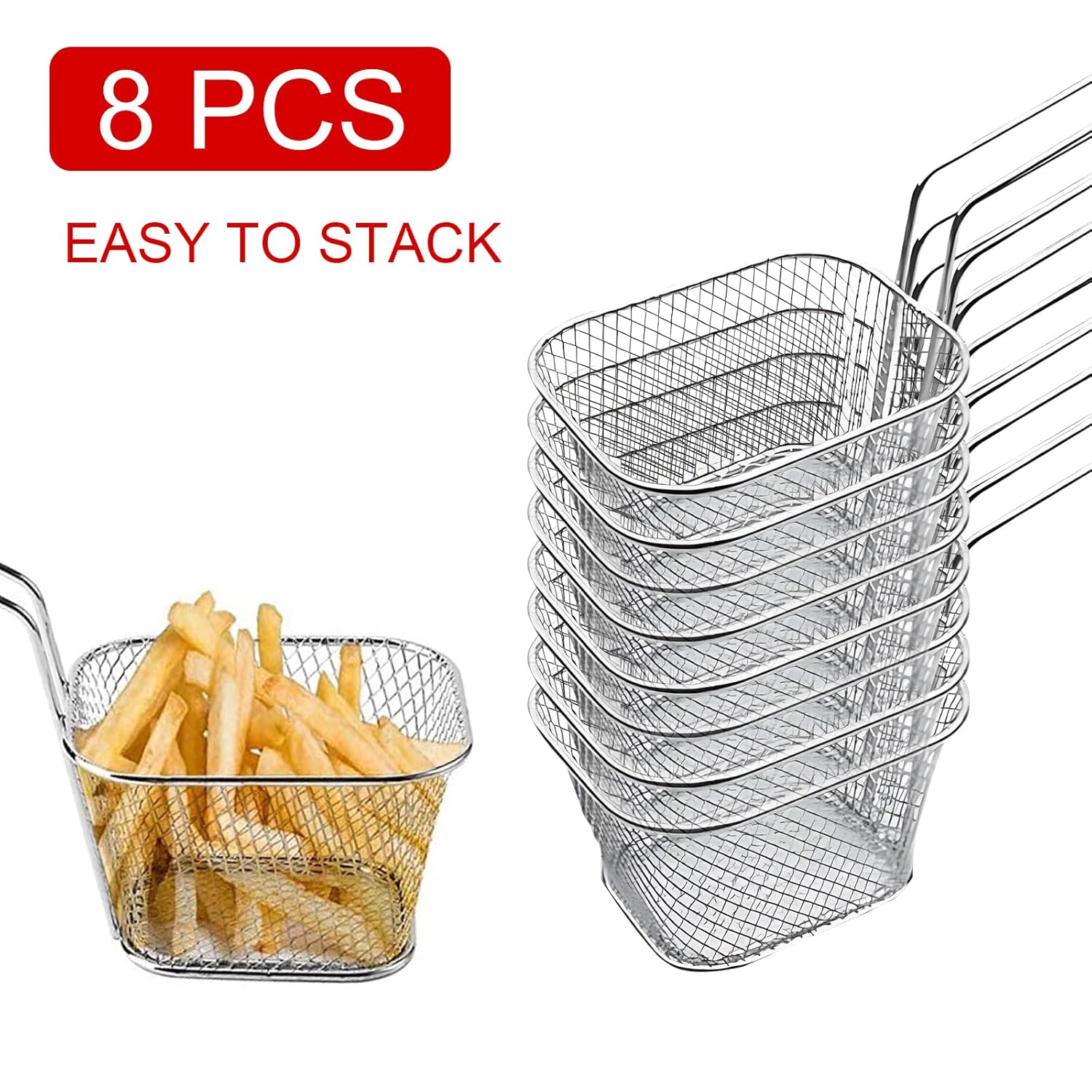 8 Pcs Mini Square Fry Baskets, 4.13×3.3×2.5inch Stainless Steel Fry Basket with Handle Steel French Fry Chip Basket French Fries Desk Food Presentation Mesh Basket Kitchen Cooking Tool