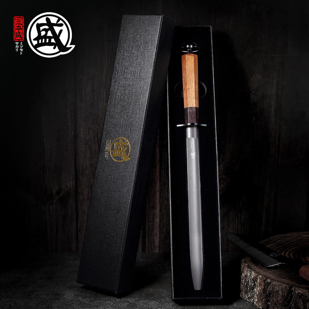 MITSUMOTO SAKARI 10 Inch Flat Honing Rod, Japanese High Carbon Honing Steel (Sourwood Handle)