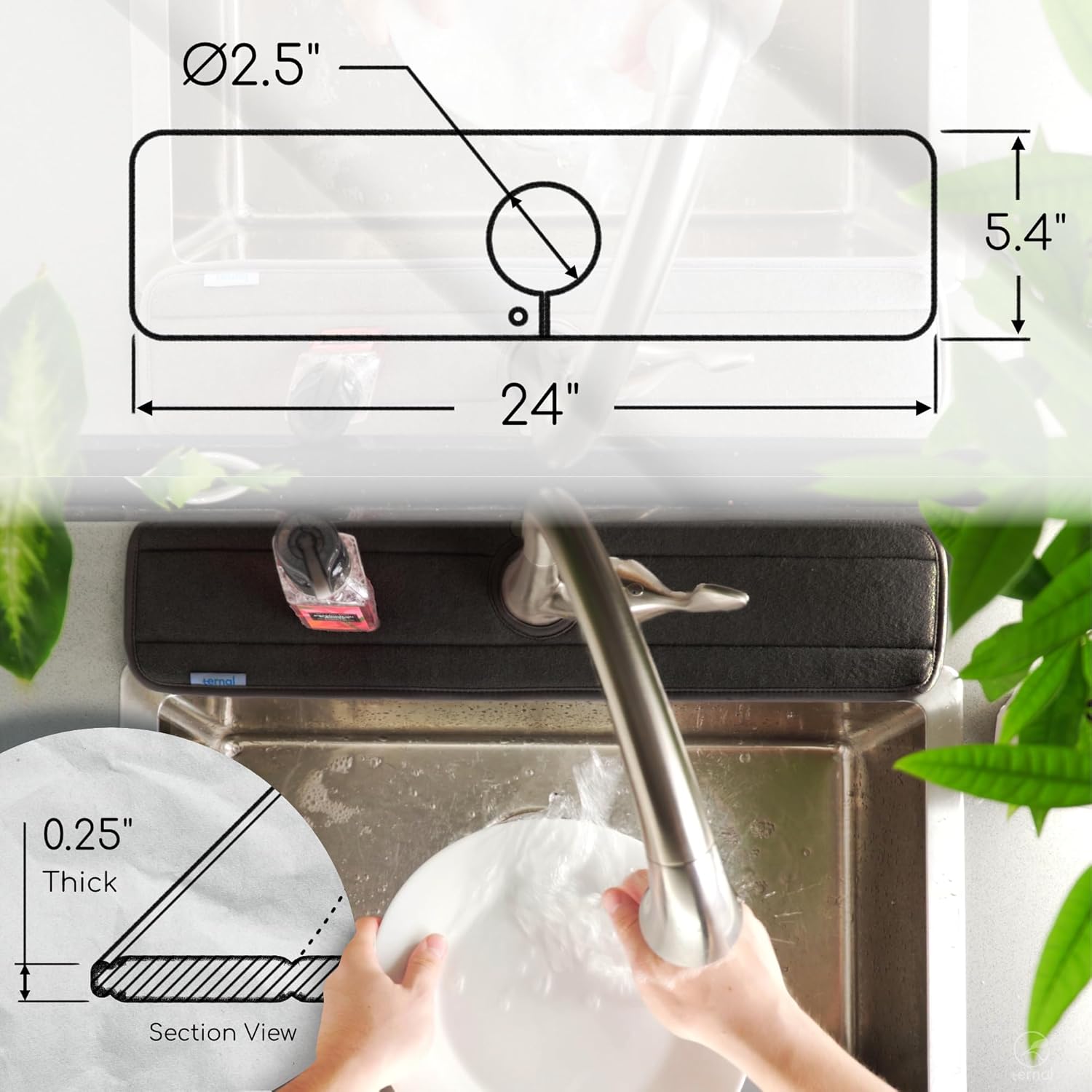 The Original Ternal Sinkmat Drip Catcher & Splash Guard, Faucet Mat for Sinks – Absorbent Microfiber, Machine Washable Counter Protector & Drying Mat for Kitchen, Bathroom or RV [Black, XL, 1 Pack]