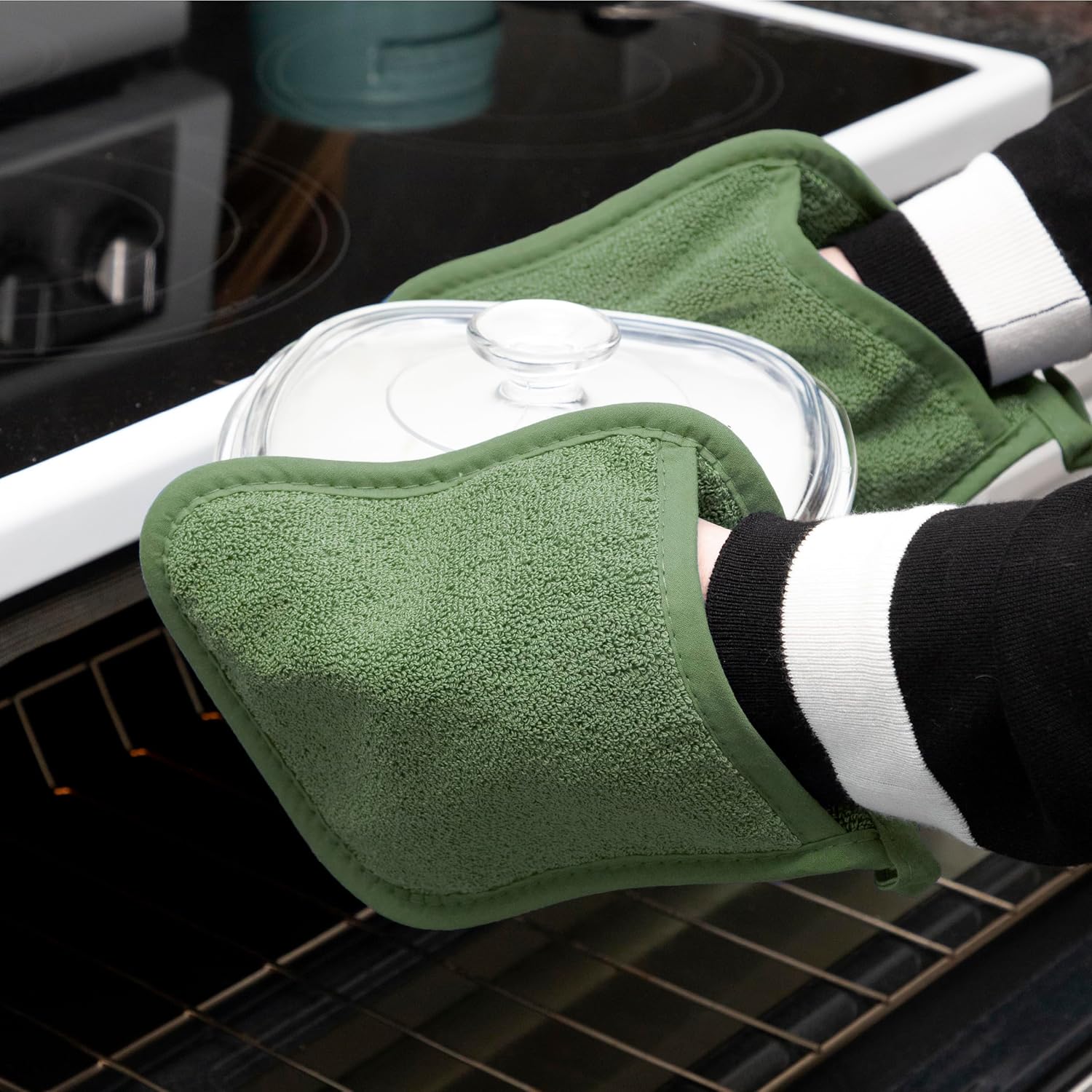 RITZ Terry Pocket Mitt & Hot Pad: Unparalleled Heat Resistant, Durable 100% Cotton,Ergonomically Designed for Optimal Grip, Easy-Care Machine Washable 4-Pack, Juniper