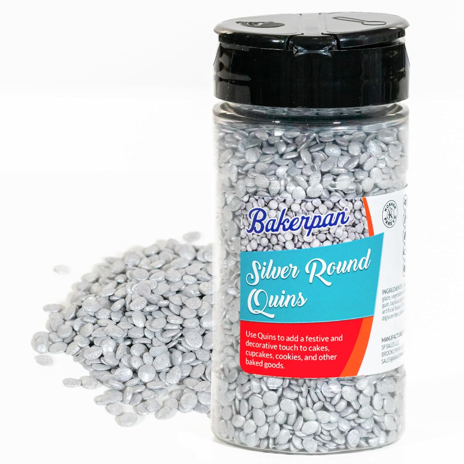 Bakerpan Quins Sprinkles for Cake Decorating - 4 Ounces - Silver Edible Confetti Sprinkles for Cupcakes, Ice Cream, Cookies, Cakes (Made in USA)