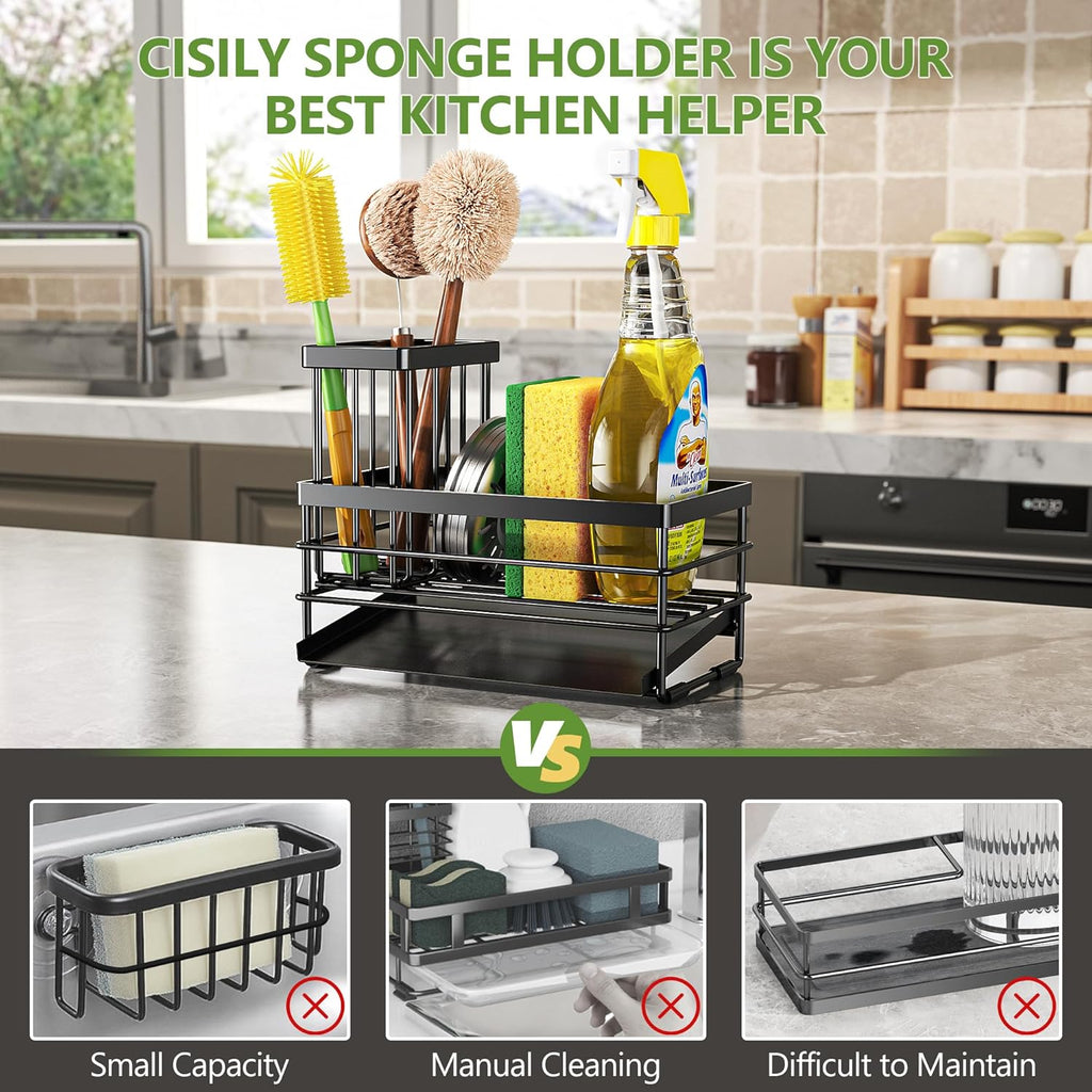 Cisily Sink Caddy Sponge Holder for Kitchen with Brush Holder and Stainless Steel Self Drain Tray, Rustproof Kitchen Sink Organizer for Sponge, Soap Dispenser Storage Accessories (Black)