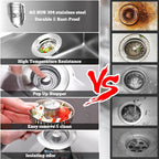 Upgraded 3 in 1 Kitchen Sink Drain Strainer Stopper, Brushed Stainless Steel SUS 304 Pop Up Sink Drain Stopper for Standard 3-1/2 Inch Drain Anti-Clogging Odor Prevention