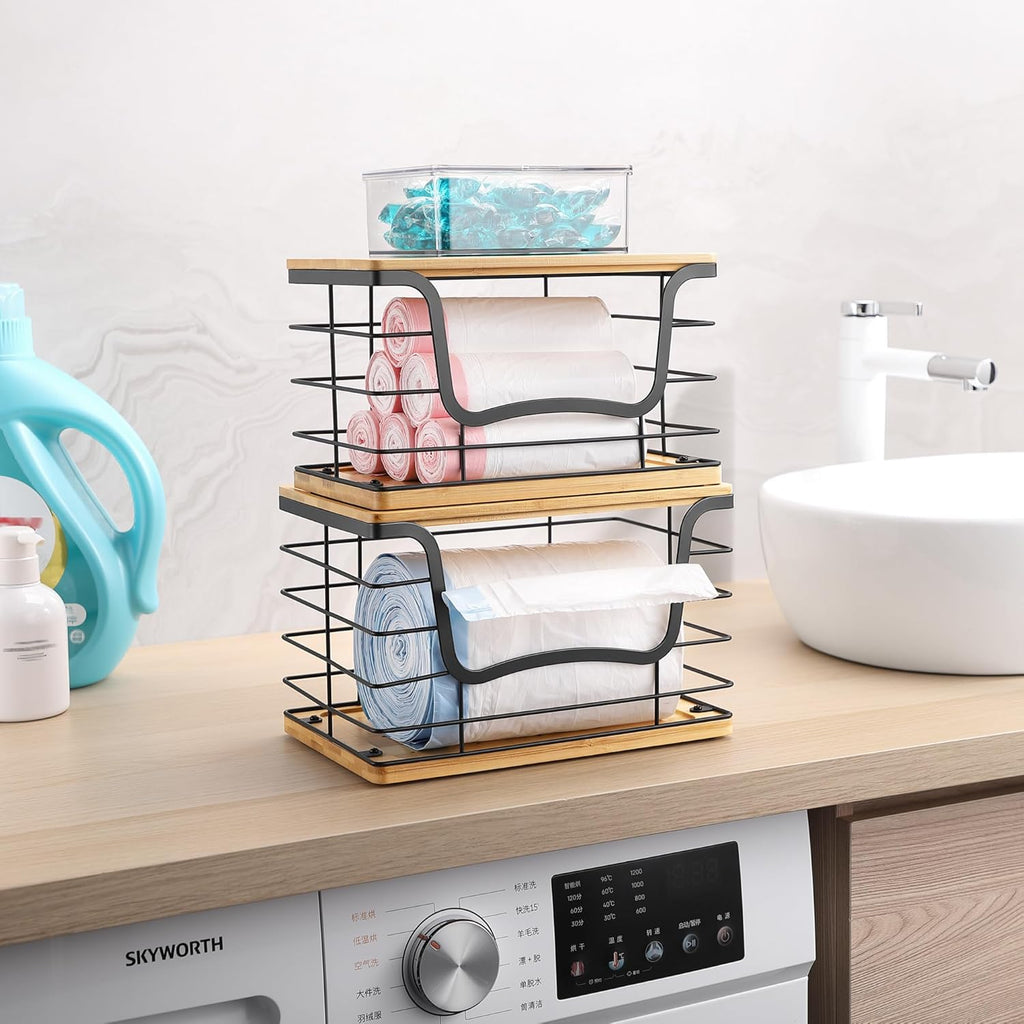 Trash Bag Dispenser Holder for Kitchen 2 Pack Laundry Room Trash Bag Holder Wall Mount Garbage Bag Dispenser Stainless Steel Roll Holder with Bamboo Top for Countertop, Under Sink