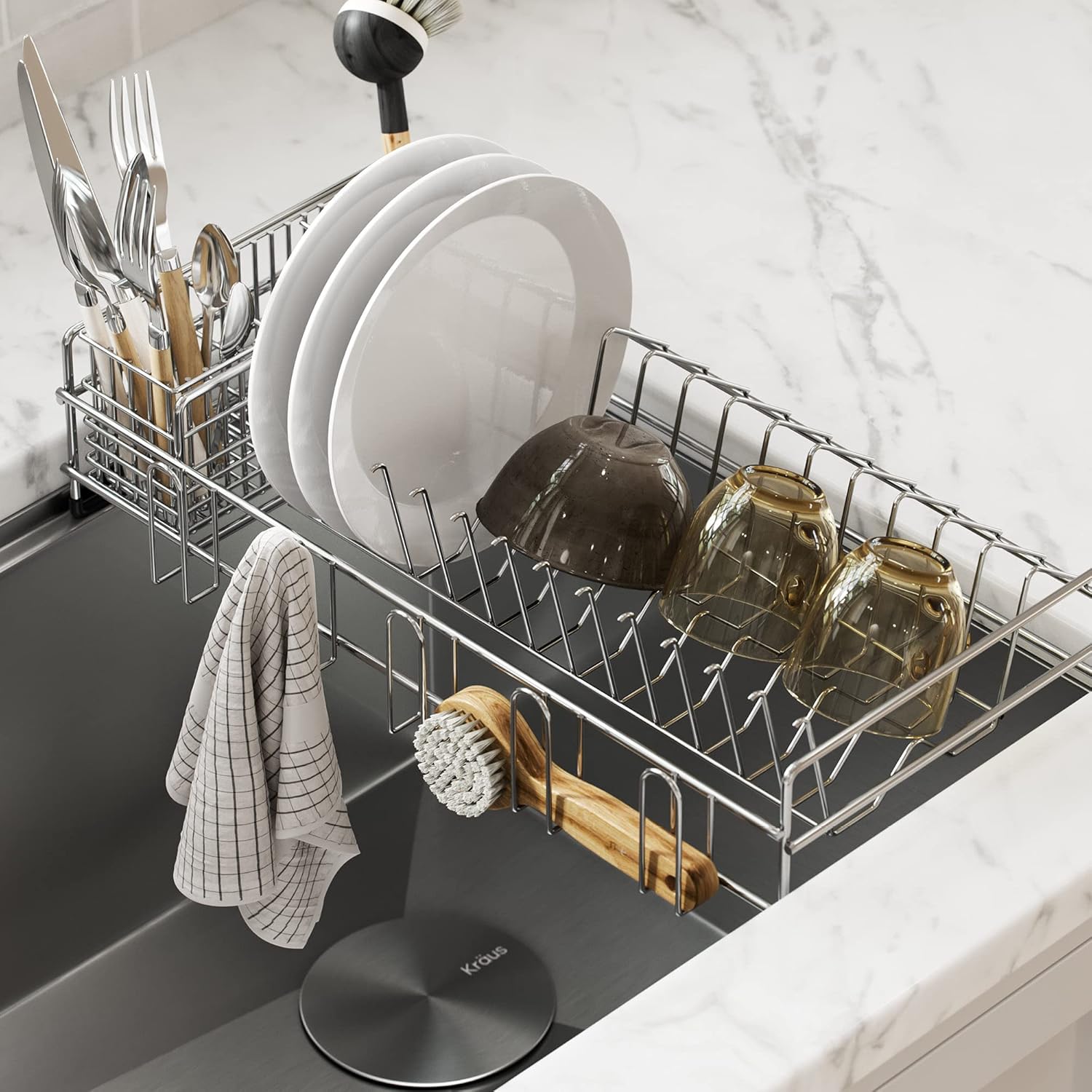 Kraus Workstation Kitchen Sink Dish Drying Rack Drainer and Utensil Holder, 17" L x 9" W, Stainless Steel, KDR-3