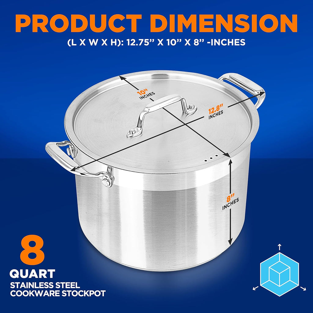 NutriChef 8 Qt Heavy-Duty Stockpot with Stainless Steel Lid - Induction Compatible Cooking Pot, Ideal for Soups and Stews