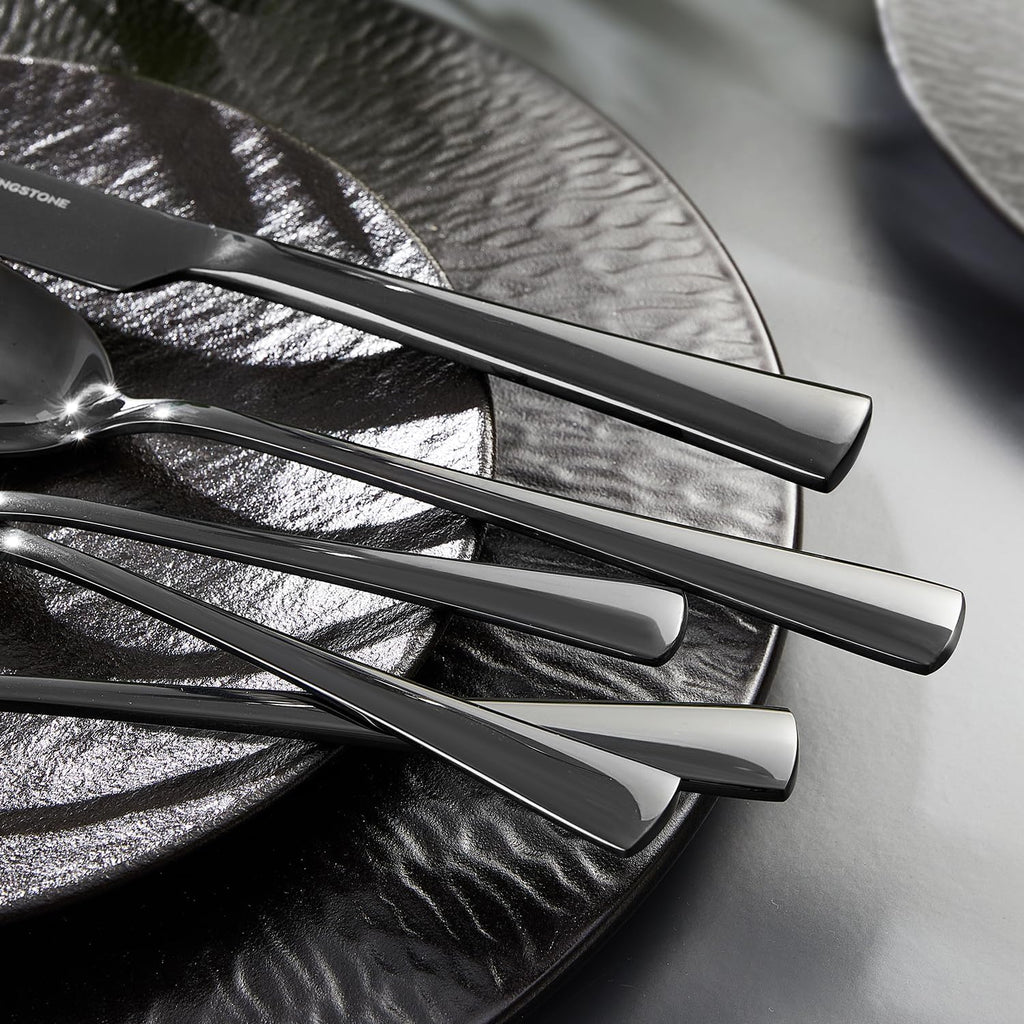 KINGSTONE 18/10 Stainless Steel Flatware, 20-Piece Forged Silverware Set for 4, Mirror Polished Cutlery Set Dishwaher Safe for Home, Restaurant, Wedding, Party, Black