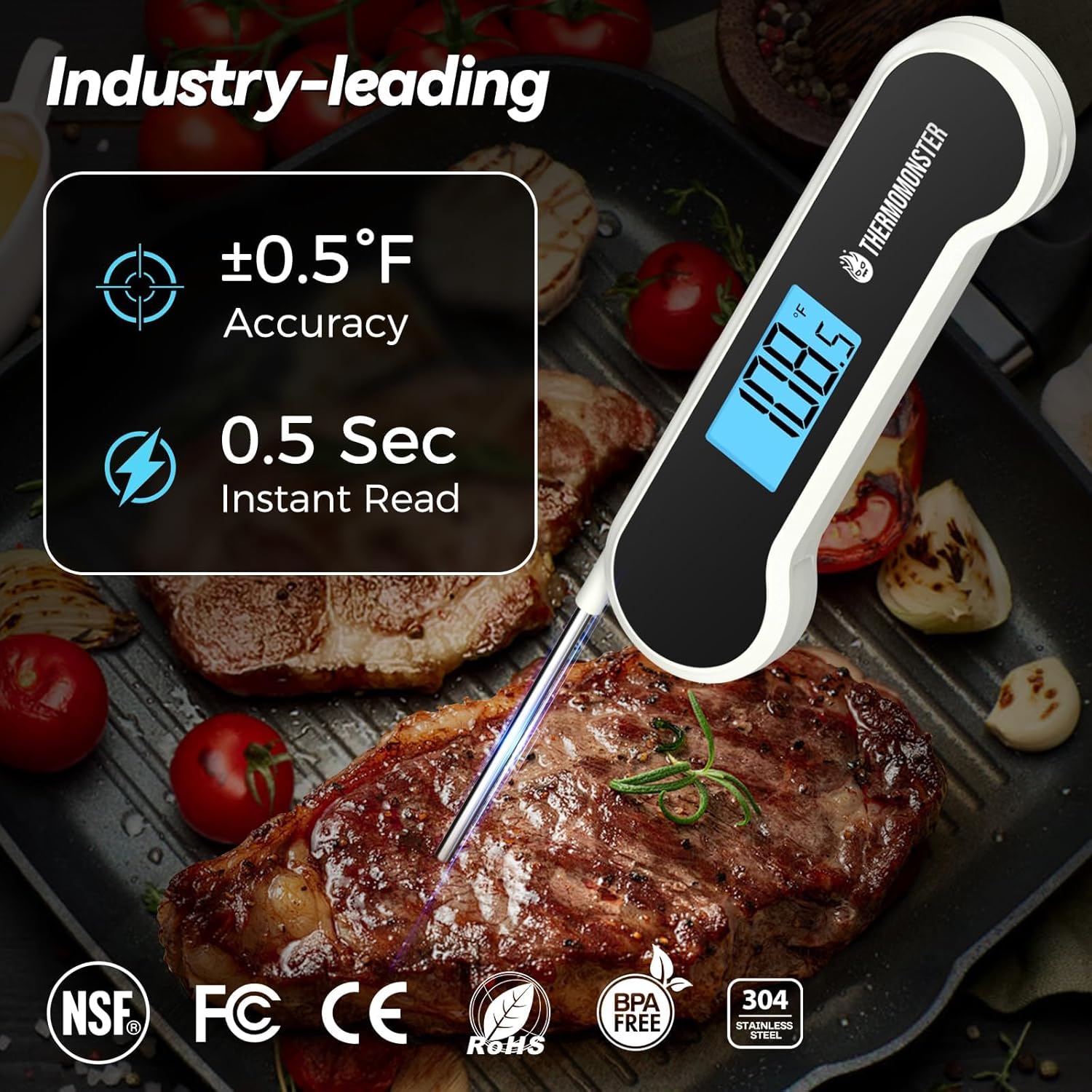 0.5 Sec Instant Read Meat Thermometer Digital with ±0.5℉ Precision, Food Thermometer for Cooking Kitchen Gadgets, Oven Grill Candy BBQ Essentials Accessories, Gifts for Him Dad Men Birthday, White