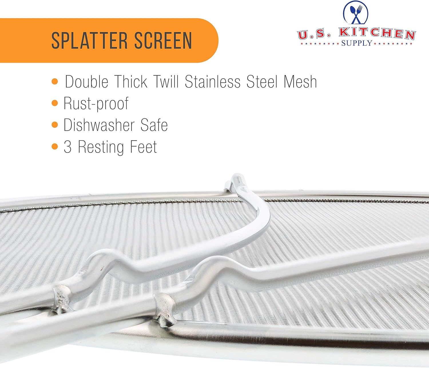 U.S. Kitchen Supply Stainless Steel Splatter Guard 13" Fine Mesh Cover, Grease & Oil, Splatter Screen for Frying Pan, Cooking Pots, with Resting Feet