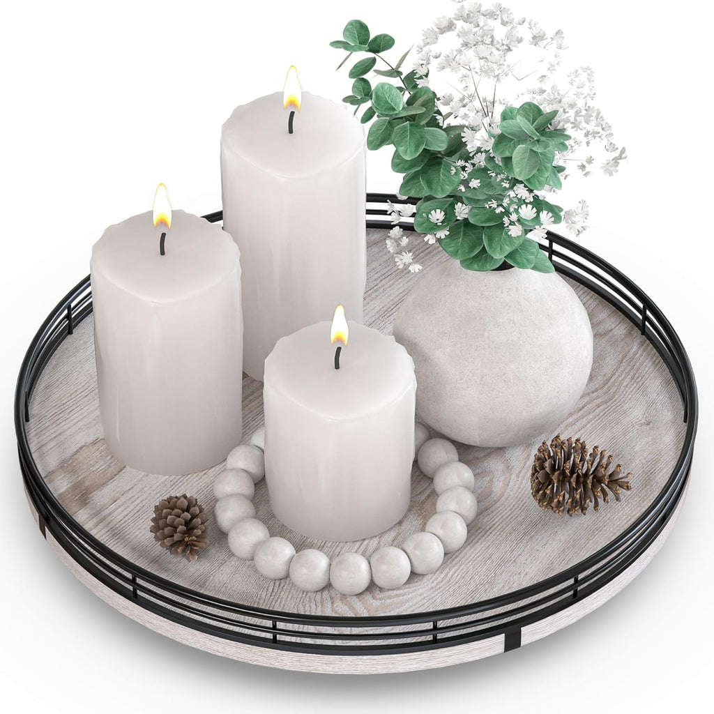12" Farmhouse Lazy Susan for Kitchen & Coffee Table Decor – Rustic Wood Tray with Black Metal Frame, Decorative Centerpiece for Dining Room, Ottoman, Living Room, Serving or Vanity Use