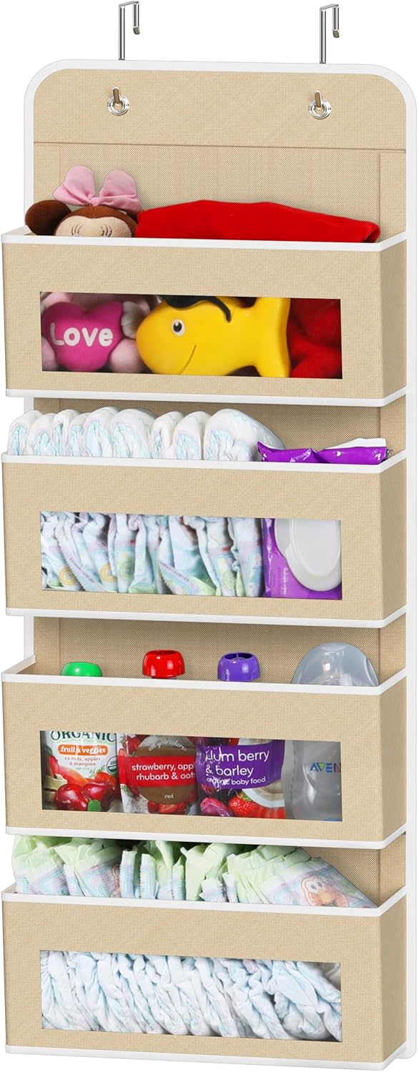 Simple Houseware 4 Clear Window Pocket Over Closet Door Storage Hanging Organizer for Bedroom, Bathroom, Pantry, Beige