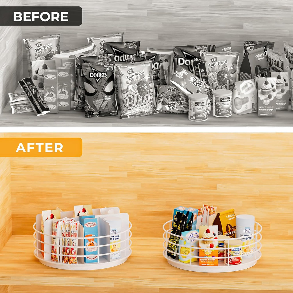 Snack Organizer - Versatile Snack Storage, Lazy Susan with Convenient Grab-and-Go Design, Metal Snack Holder for Home, Office, Breakroom, 10.85" L x 10.85" W x 5" H (White)