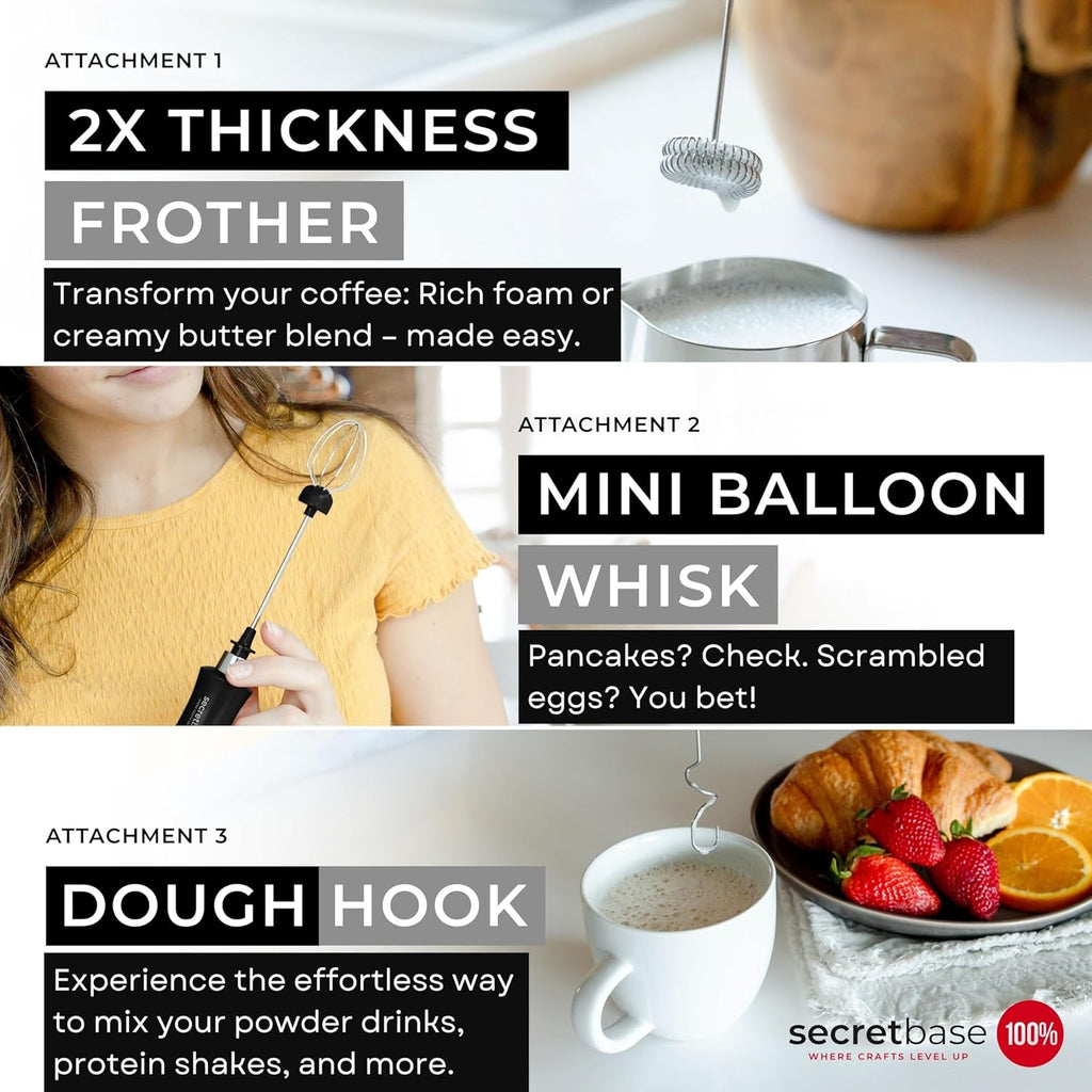 Secretbase 3 Speed Rechargeable Milk Frother Handheld, USB Charging Cradle - Stainless Steel Whisk for Bulletproof Coffee, Espresso Whipper, Mini Electric Stirrer (Black Frother without Pitcher)