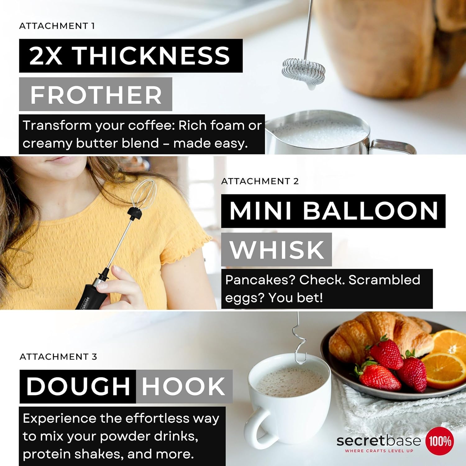 Secretbase 3 Speed Rechargeable Milk Frother Handheld, USB Charging Cradle - Stainless Steel Whisk for Bulletproof Coffee, Espresso Whipper, Mini Electric Stirrer (Black Frother without Pitcher)