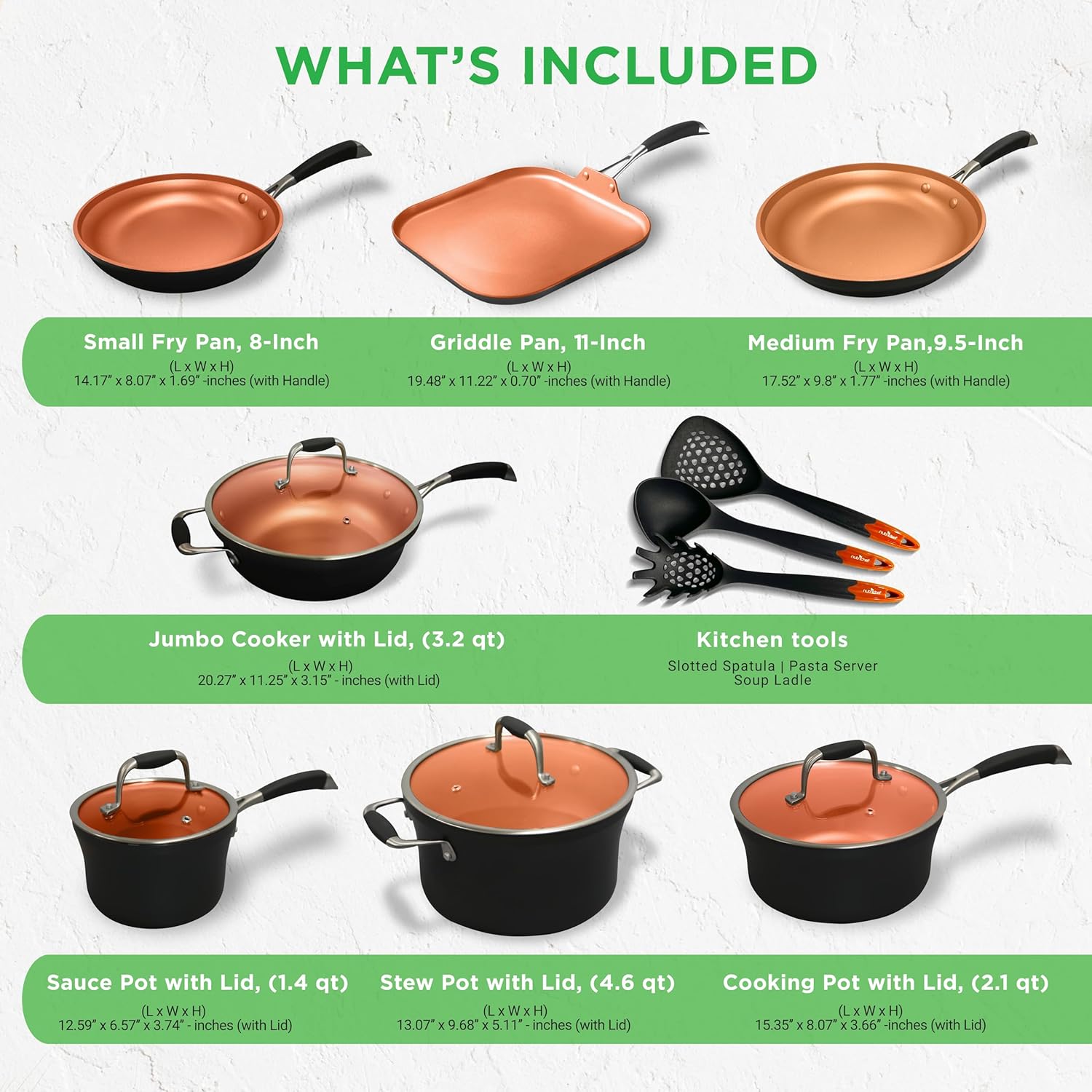 NutriChef 14-Piece Nonstick Kitchen Cookware Set – PFOA/PFOS-Free, Copper/Hard-Anodized, Induction Compatible, Stackable, Luxury Design, Includes Pots, Pans, Jumbo Cooker, Griddle, and Utensils