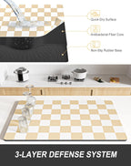 Rnivvi Dish Drying Mat for Kitchen Counter, 12 x 19" Cute Checkered Absorbent Draining Pad, Non-Slip Heat Resistant Coffee Bar Mats for Coffee Machine Station Accessories, Beige White Dish Rack Pad