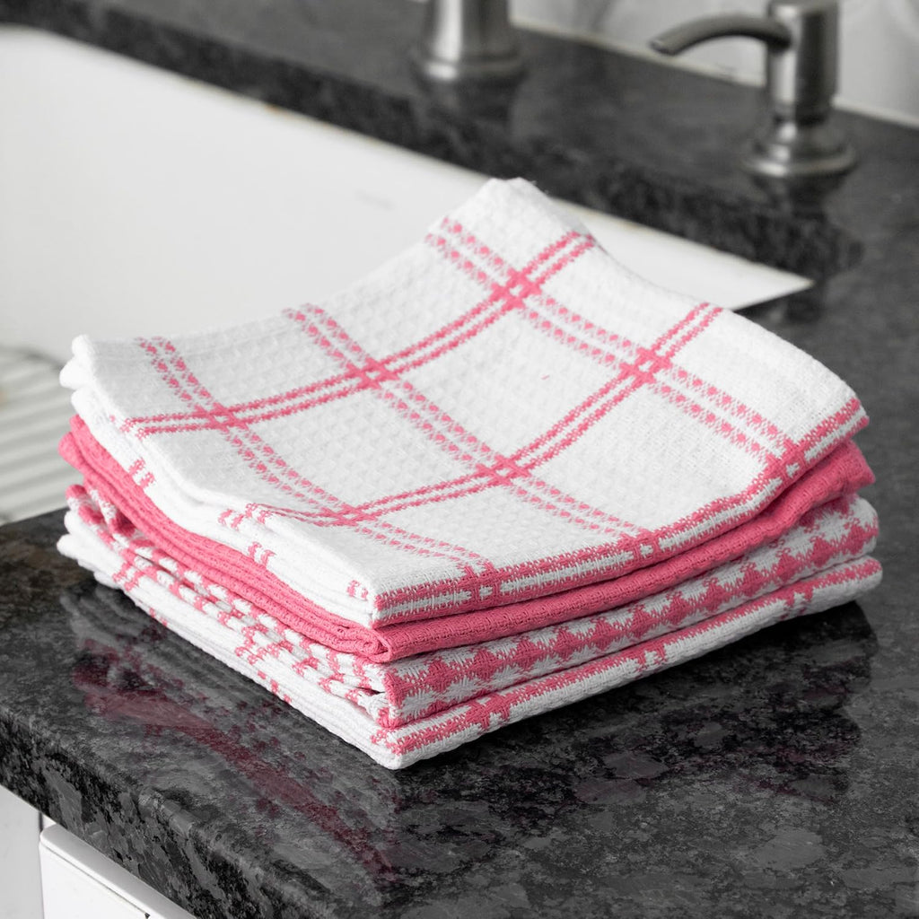T-fal Premium Waffle Dish Cloths: Highly Absorbent, Super Soft Long Lasting - 100% Cotton, 12"x13" Flat Waffle Dish Towel for Cleaning & Drying Dishes, (4-Pack), Pink