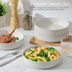 E-far Pasta Bowls Set of 4, 35oz Large Salad Bowl Plate for Dinner Serving Soup, Wide & Shallow Ceramic Stoneware Pasta Plates, Microwave & Dishwasher Safe, Textured Stripes & Speckled White, 8”