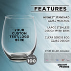 Custom Stemless Wine Glasses in Bulk by ARC Perfection, 15 oz, 100 pack, Personalized Text, Logo, Red or White Wine Glass Set, Black