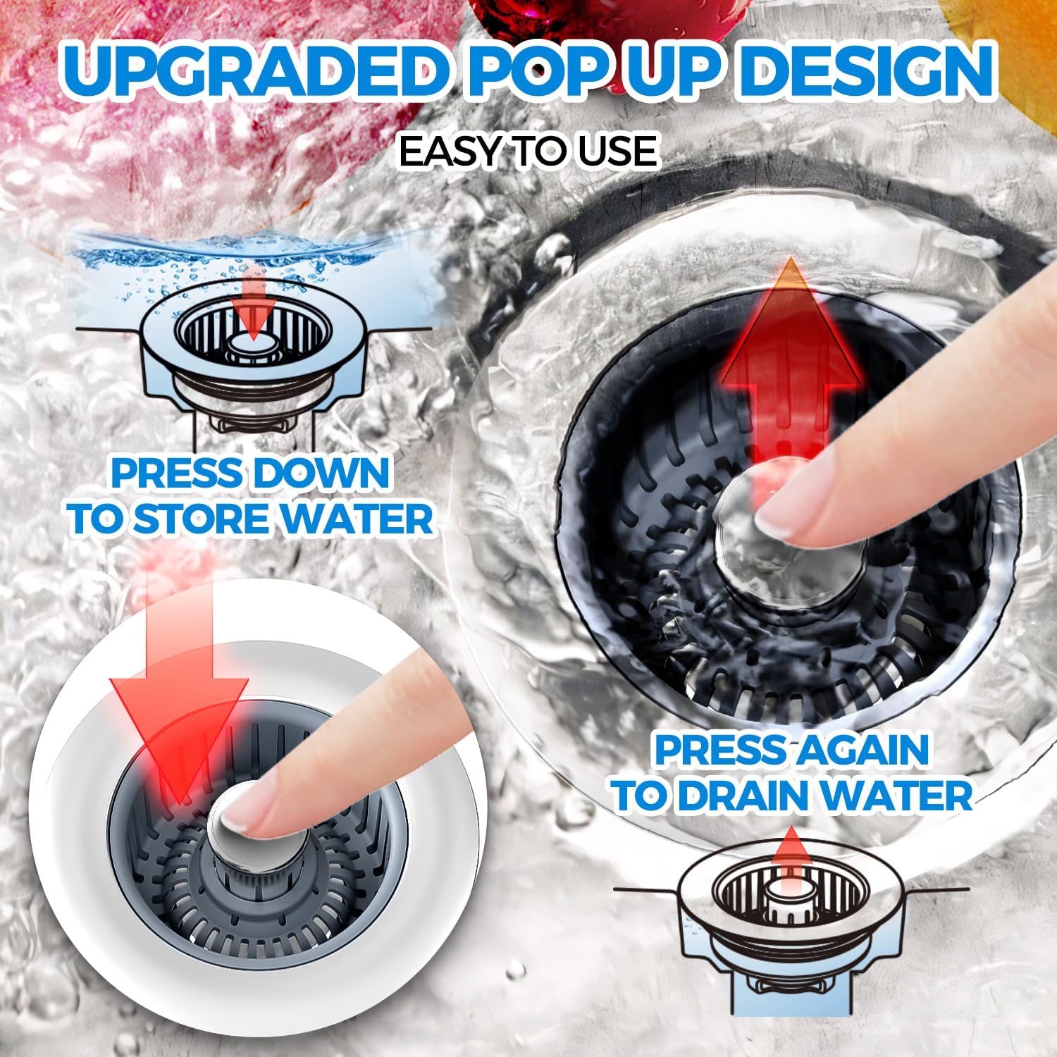 zaa Kitchen Sink Drain Strainer - Kitchen Sink Stopper, Stainless Steel Kitchen Drain Plug & Cover with Anti-Clogging Basket Strainer, Fit US Standard 3-1/2'' Sink Drain Hole, Silver