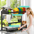 ADBIU Fit Sink 24.5"- 35.5" L Over Sink Dish Drying Rack (Expandable Dimension) Snap-On Design 2 Tier Large Kitchen Dish Rack Stainless Steel Counter Organization and Storage