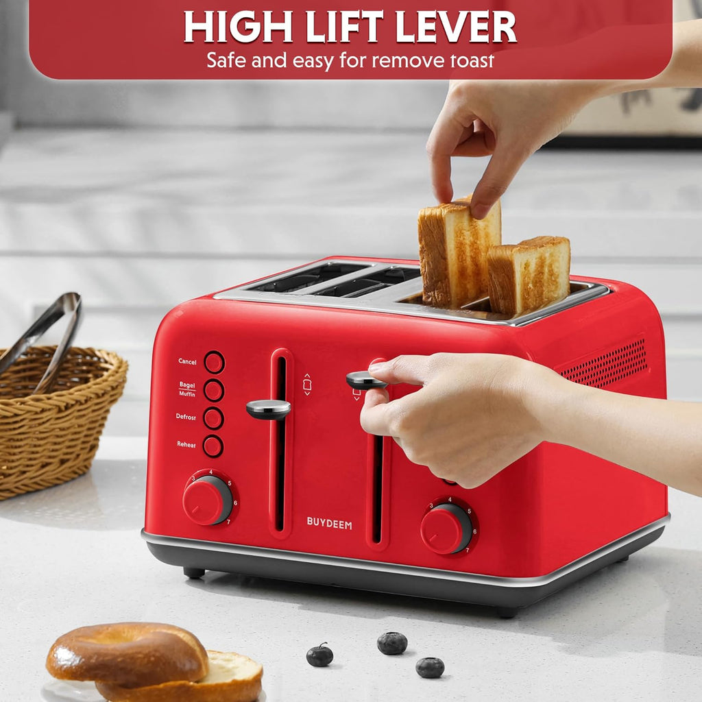 BUYDEEM DT640 4-Slice Toaster, Extra Wide Slots, Retro Stainless Steel with High Lift Lever, Bagel and Muffin Function, Removal Crumb Tray, 7-Shade Settings,Red
