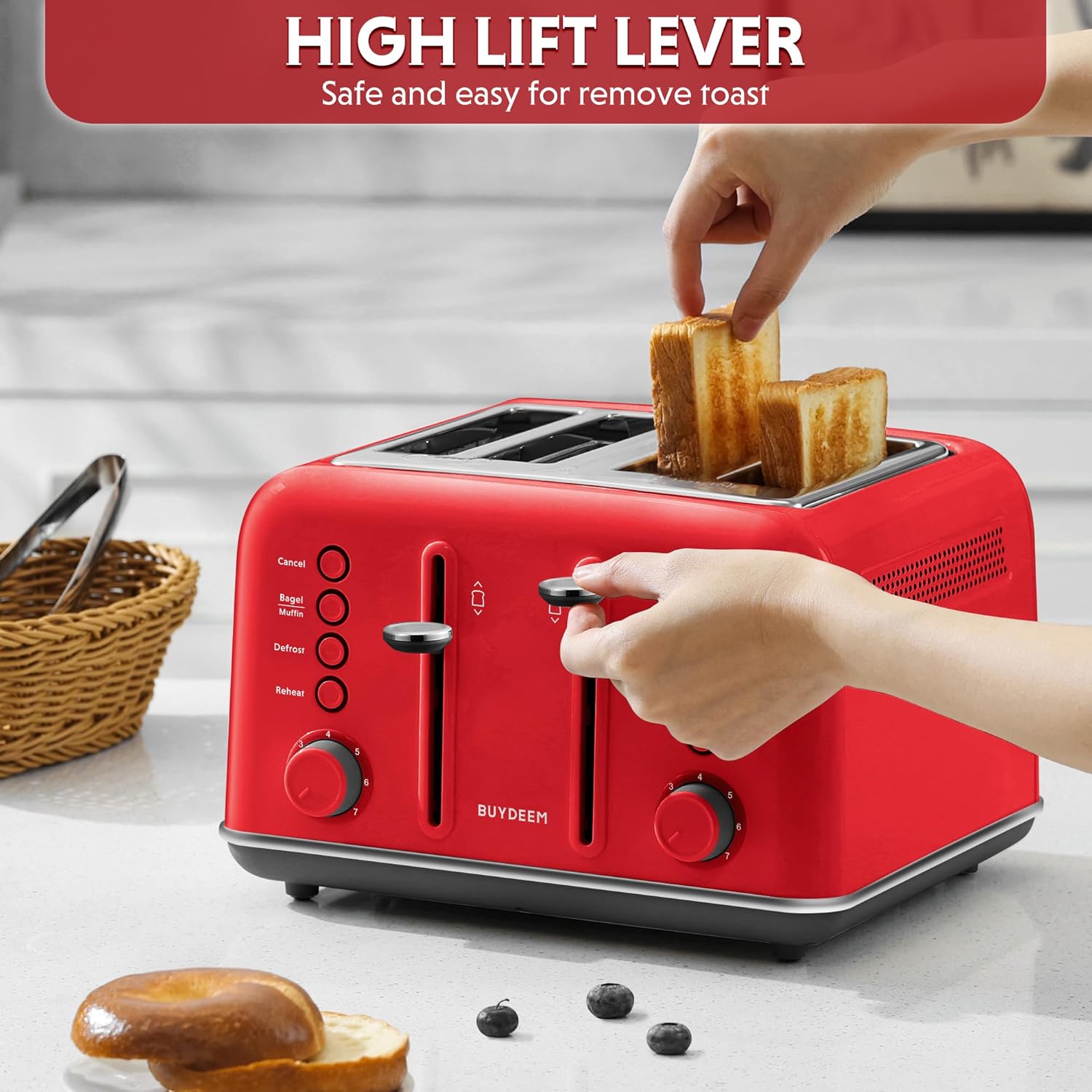 BUYDEEM DT640 4-Slice Toaster, Extra Wide Slots, Retro Stainless Steel with High Lift Lever, Bagel and Muffin Function, Removal Crumb Tray, 7-Shade Settings,Red