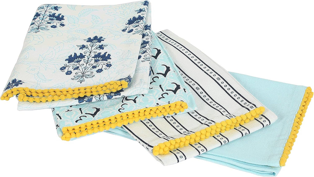 Printed Kitchen Dish Bar Tea Towels Cotton with Trims Hand Towel Gift for Mothers Day Cotton Dish Towel Sets Gift for Mom - White & Blue, Set of 4-18x28 inches