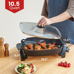 Elite Gourmet EG6203 Extra Deep 16"x13"x3.2" (10.5Qt.) Scratch Resistant, Easy Pour Spout, Dishwasher Safe, Non-stick Electric Skillet with Vented Glass Lid, Adjustable Temperature, Black