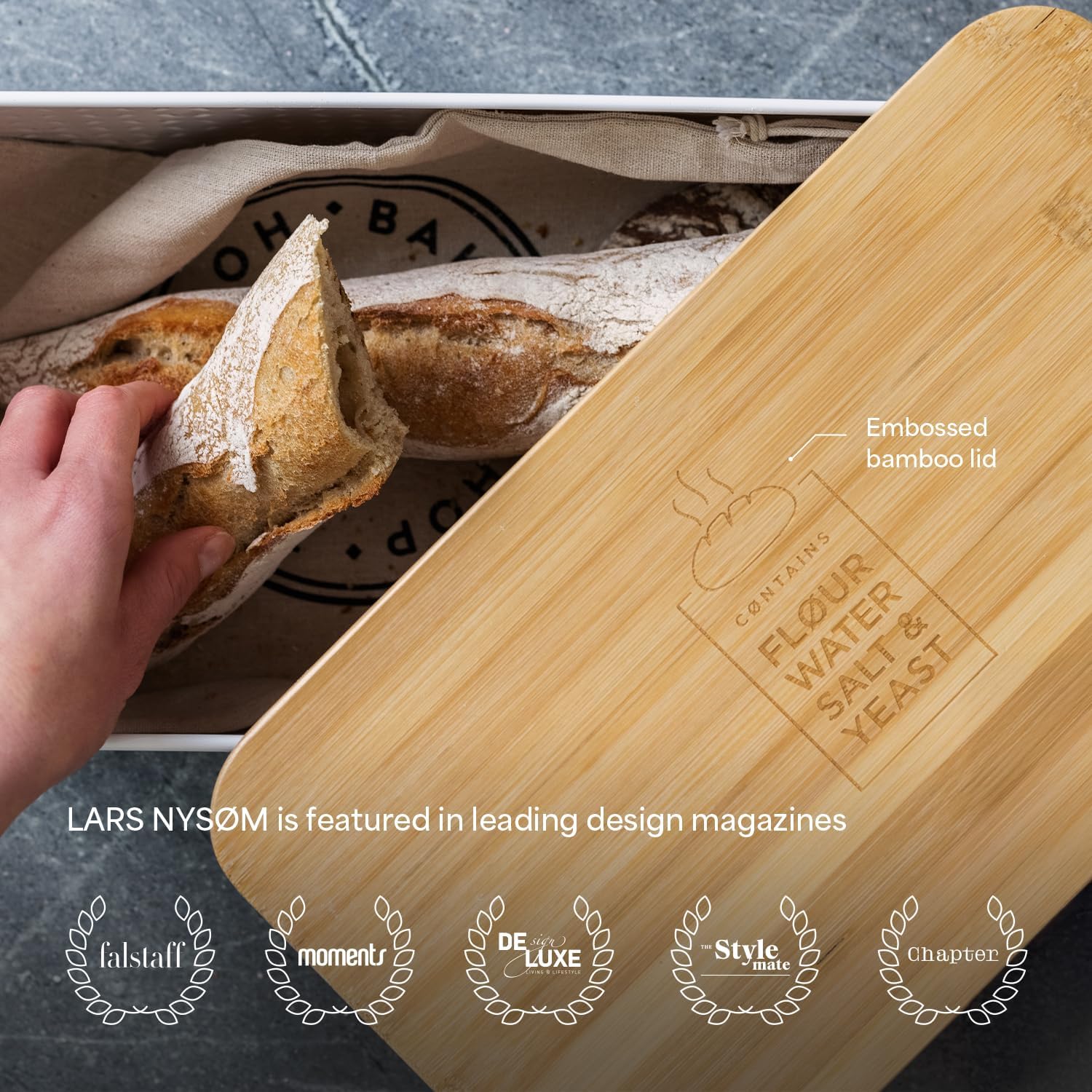 LARS NYSØM Bread Box I Metal Box with linen bag for long lasting freshness I Bread Bin with bamboo lid usable as cutting board I 13.4x7.3x5.3In (Blush Rose)