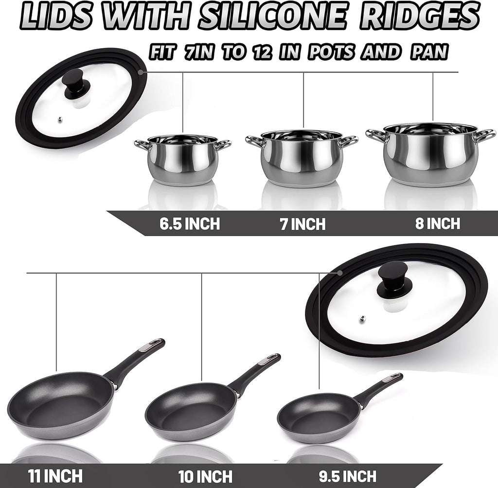 Tempered Glass Lid Set of 2 - Universal Lids with Heat Resistant Silicone Rim for Pots, Pans and Skillets - Pan Cover Replacement Lids Fit 6.5", 7", 8" and 9.5", 10", 11" Diameter Cookware