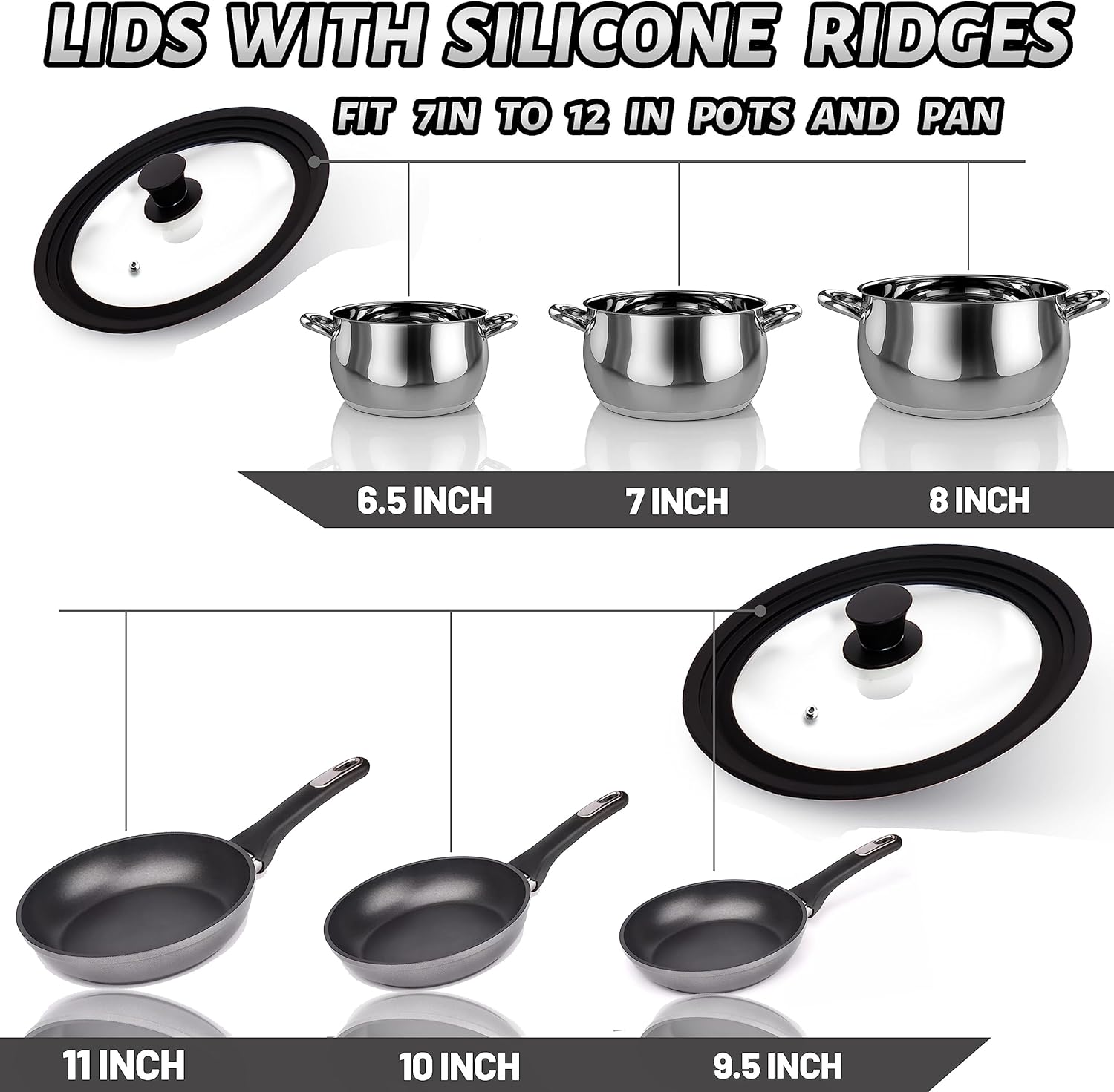 Tempered Glass Lid Set of 2 - Universal Lids with Heat Resistant Silicone Rim for Pots, Pans and Skillets - Pan Cover Replacement Lids Fit 6.5", 7", 8" and 9.5", 10", 11" Diameter Cookware