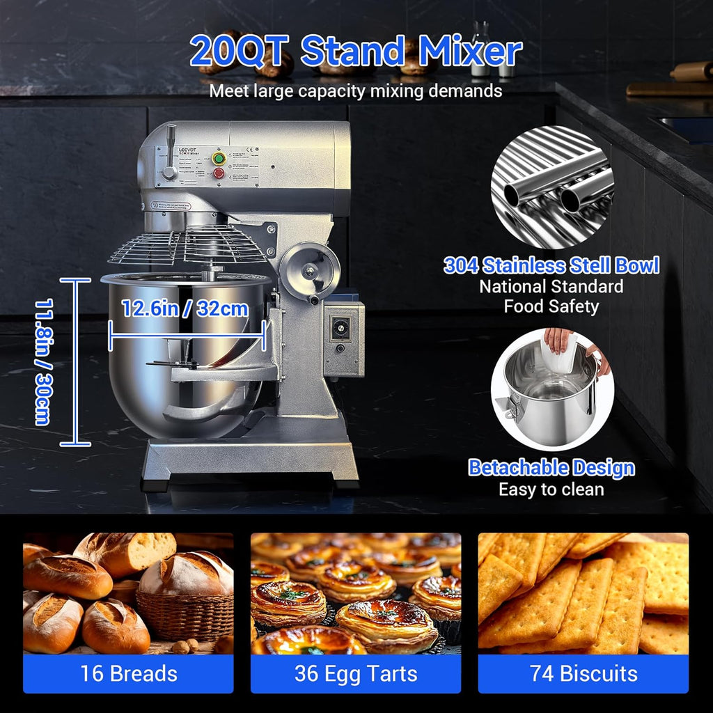 20Qt Commercial Stand Mixer with Timing Function,1100W Commercial Mixer 3-Speed Adjustable,Electric Stand Commercial Dough Mixer with Stainless Steel Bowl for Bakery Pizzeria