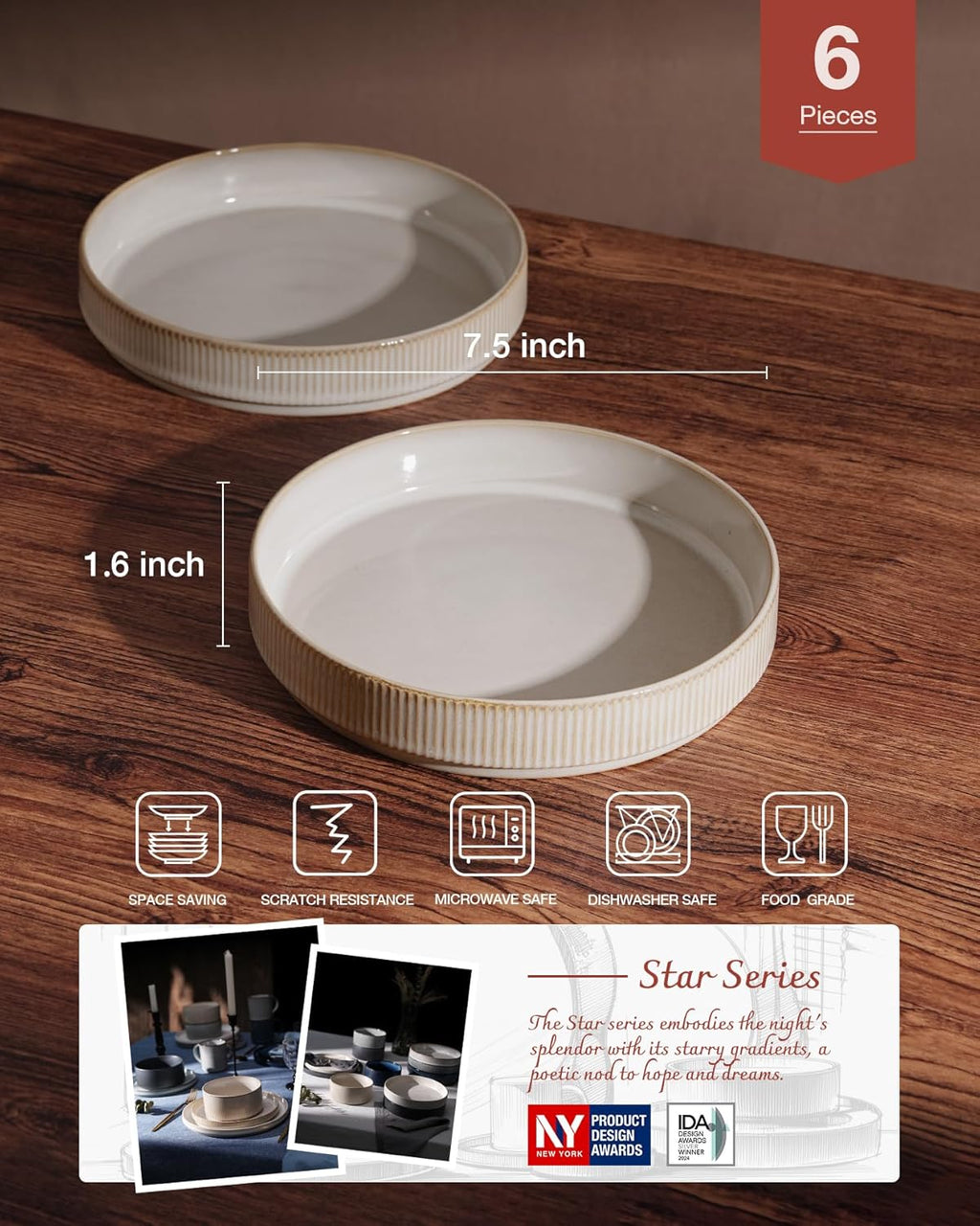 famiware Star 7.5" Pasta Bowls Set, Salad Bowl Set of 6, Double Reactive Glaze, Stackable, Perfect for Your Friend for Housewarming, Thanksgiving, Christmas, Cappuccino White