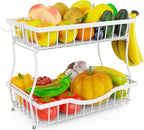 Large 2-Tier Fruit Basket for Kitchen Counter with 2 Banana Hangers – Metal Fruit Bowl for Onion, Vegetable, Snacks, Breads Storage – Countertop Organizer – White
