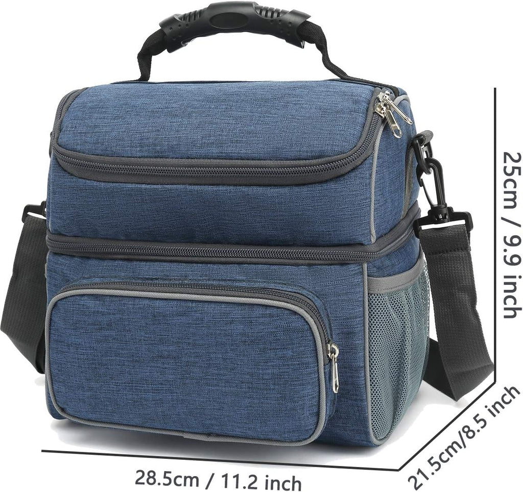 FlowFly Double Layer Cooler Insulated Lunch Bag Adult Lunch Box Large Tote Bag for Men, Women, With Adjustable Strap,Front Pocket and Dual Large Mesh Side Pockets