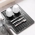 Dish Drying Mat with Drain, Silicone Mat for Kitchen Counter, Non-Slip Drainer Mat for Kitchen Sink, Countertop Dish Drying Rack, Heat Resistant Kitchen Accesories(Black, 15.6"x13")