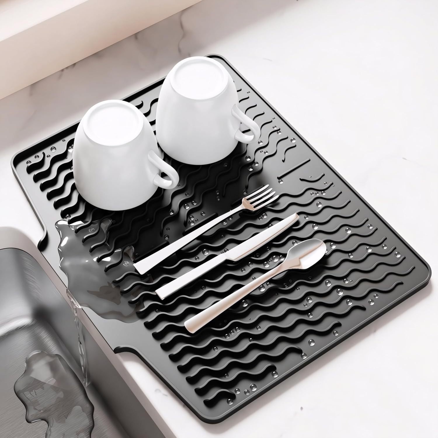Dish Drying Mat with Drain, Silicone Mat for Kitchen Counter, Non-Slip Drainer Mat for Kitchen Sink, Countertop Dish Drying Rack, Heat Resistant Kitchen Accesories(Black, 15.6"x13")