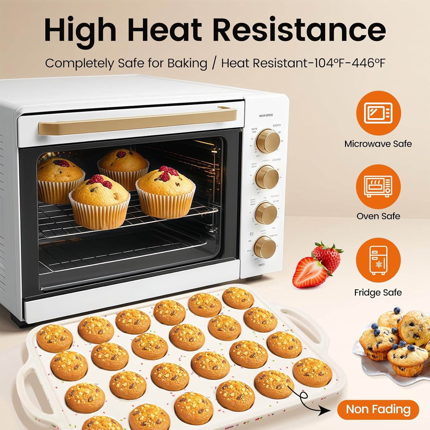 Silicone Mini Muffin Pan With Metal Reinforced Frame - 24 Cups Durable Silicone Cupcake Pan for Muffin, Cupcakes, BPA Free and Dishwasher Safe - 1 Piece Beige with Rainbow Spots