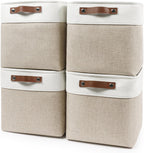 Collapsible Fabric Storage Cubes 11x11 Cube Storage Bins, 4 Pack Closet Baskets Box with Handles for Organizing, Shelf, Toys, Clothes, Home, Office, Nursery (Beige&White)