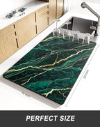 Rnivvi Dish Drying Mat for Kitchen Counter, XL 15 x 24" Cute Marble Absorbent Draining Pad, Non-Slip Heat Resistant Coffee Bar Mats for Coffee Machine Station Accessories, Green Gold Dish Rack Pad